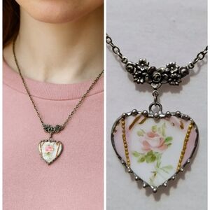 Handmade Broken China Heart Necklace – Pink Floral Porcelain – Vintage Romantic